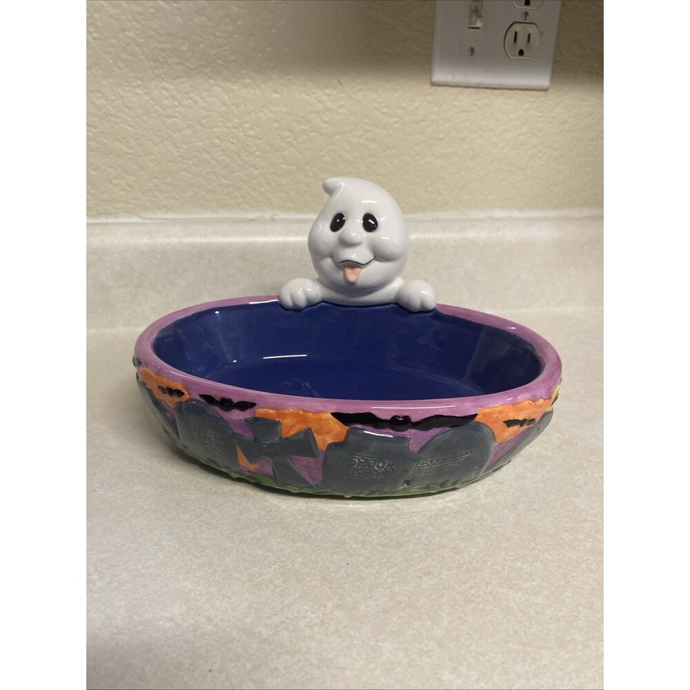 Vintage Ceramic Ghost/Cemetery Candy Bowl Decor Halloween Blue, Purple
